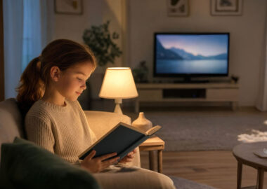 Niño Viendo La Televisión Y Leyendo Con Iluminación Tenue En Una Situación Relacionada Con Mitos Sobre La Visión