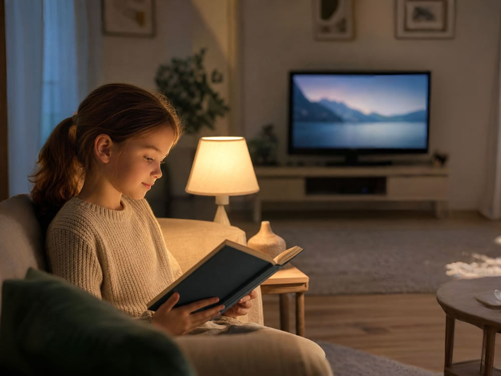 Lapsi katsomassa televisiota ja lukemassa hämärässä näkömyytteihin liittyvässä tilanteessa